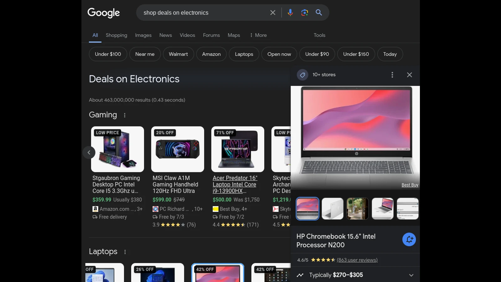 Chrome から shop deals で Google ショッピングの最安値の Chromebook を検索している画像