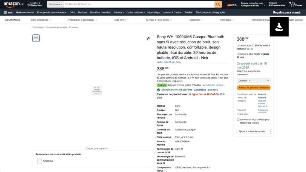 Dealabs が入手した Amazon Spain の WH-1000XM6 商品ページのスクリーンショット（ヘッドホン画像なし）]