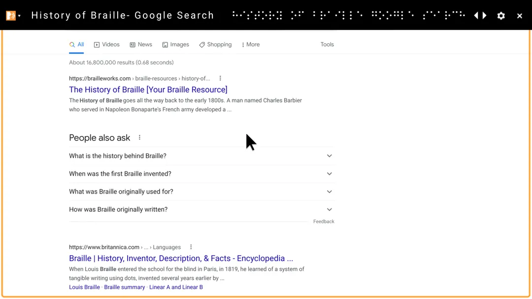 ChromeVox と点字ディスプレイが連携されているスクリーンショット