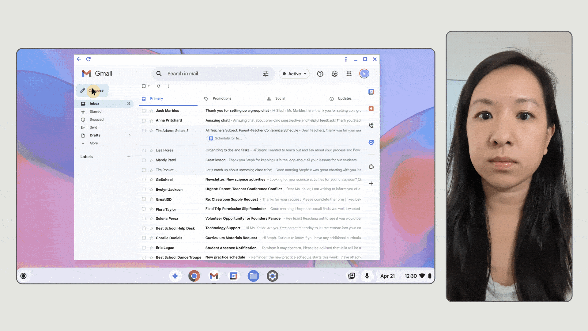 ChromeOS の「顔コントロール」操作の様子のアニメーション