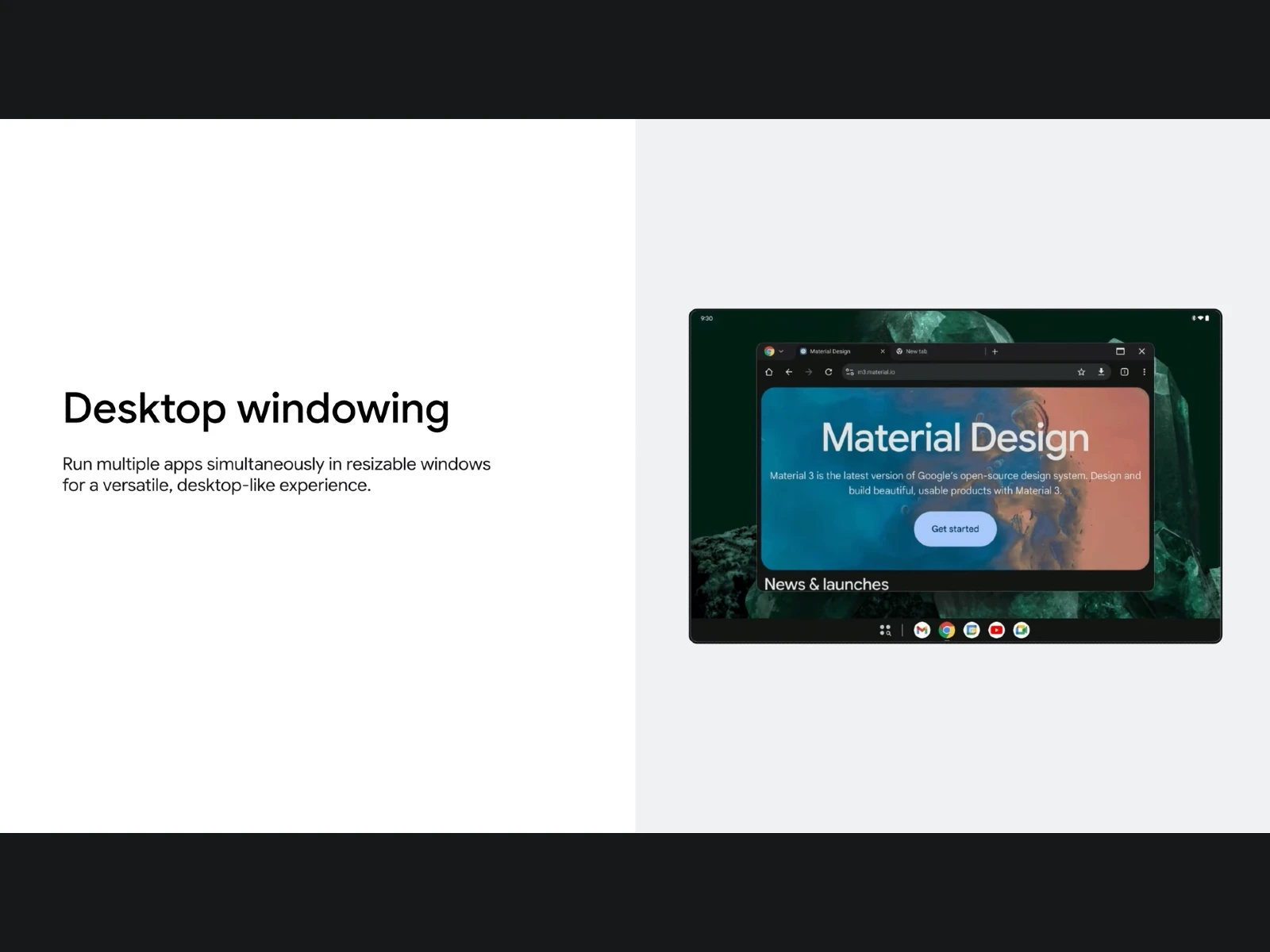 Google I/O 2025 で説明されている Desktop Windowing のスライドのスクリーンショット