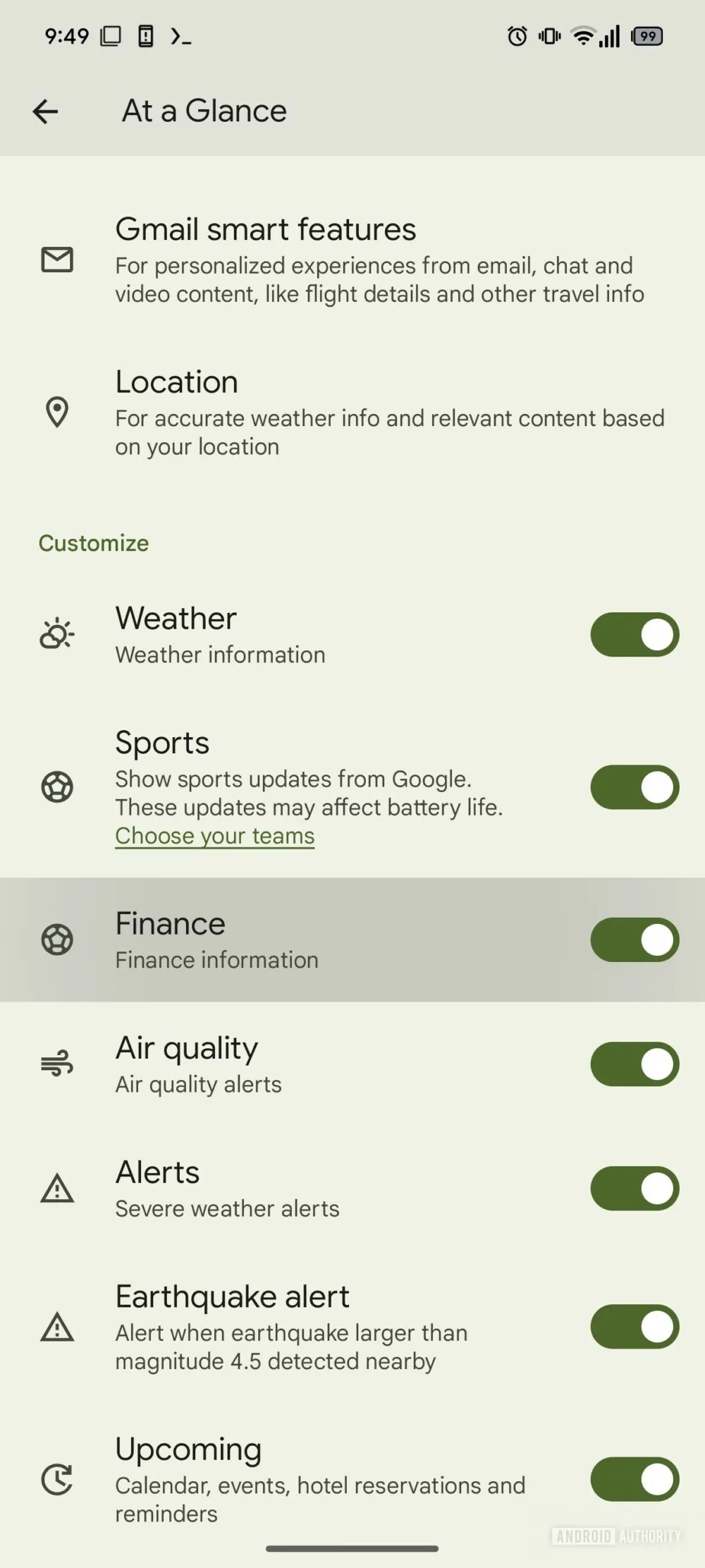 Google Pixel のスナップショットウィジェットの設定に追加された「Finance」の項目のスクリーンショット