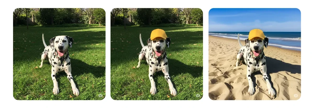 Google Blog に掲載されている、犬の写真に帽子を追加し、背景をビーチに変更する編集例の画像