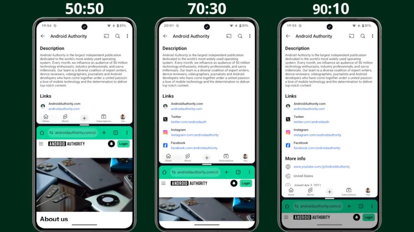 Android Authority による画面分割 90:10 を示すスクリーンショット