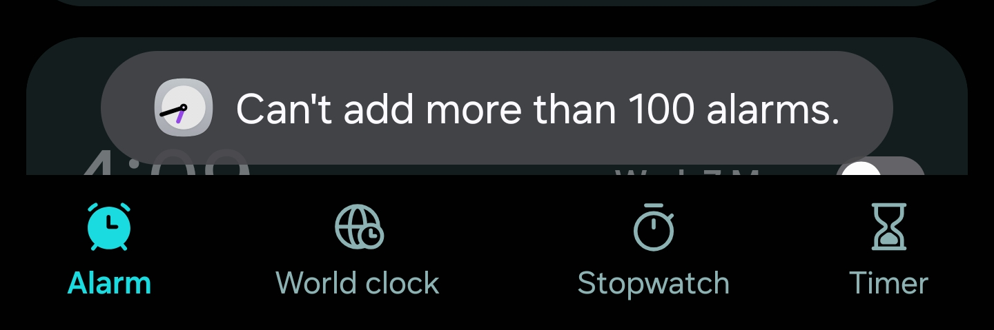 Samsung 時計アプリのアラーム上限が100件を示すスクリーンショット
