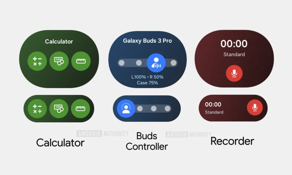 one ui 8 tile preview の画像 - 電卓、Buds、レコーダーのタイルが表示されている様子