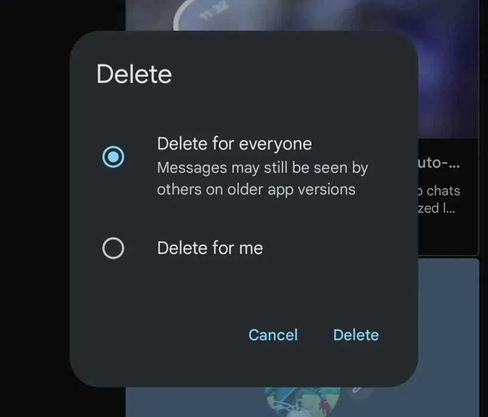 「全員に対して削除 (Delete for everyone)」のポップアップ画面のスクリーンショット
