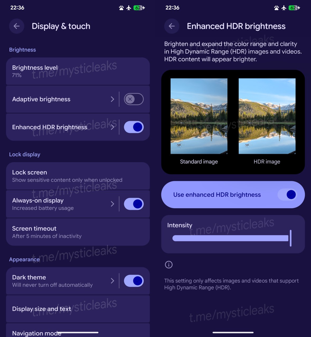 Android 16 で導入される新しい「Enhanced HDR brightness」の設定画面