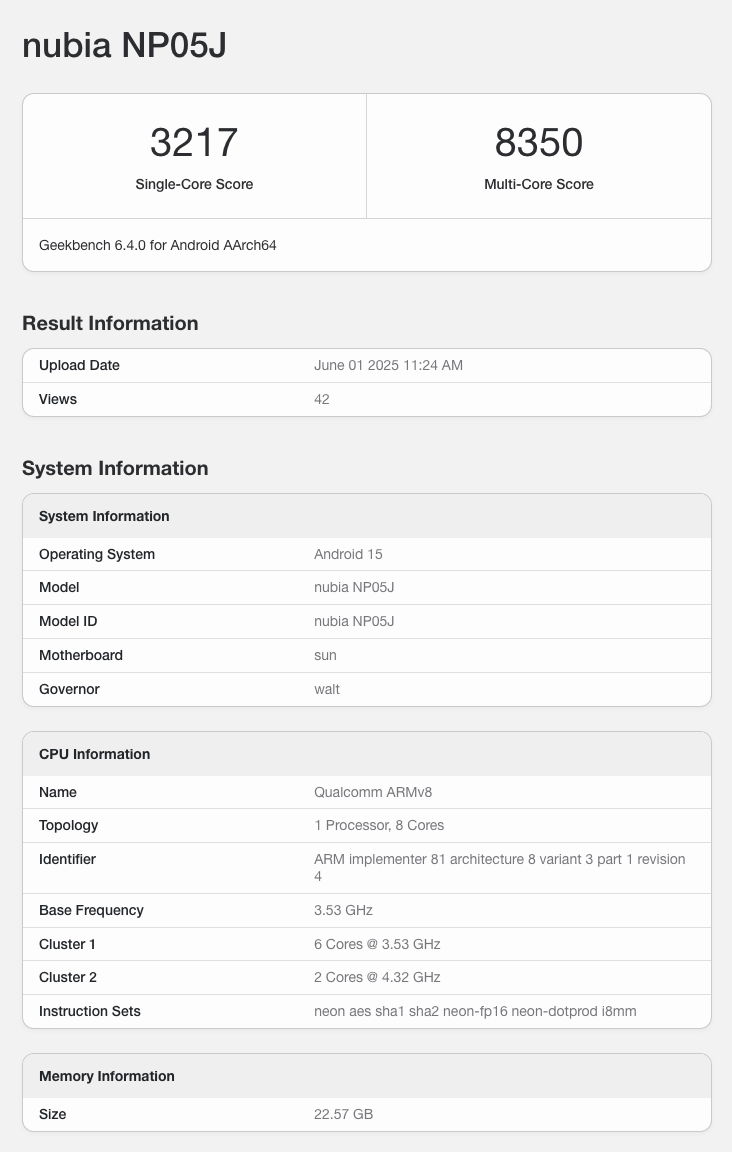 Geekbench で発見された REDMAGIC Gaming Tablet 3 Pro (NP05J) のスクリーンショット