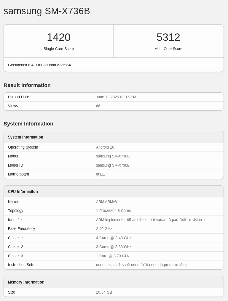Samsung Galaxy Tab S11 Ultra とされるデバイスの Geekbench ベンチマークスコアのスクリーンショット