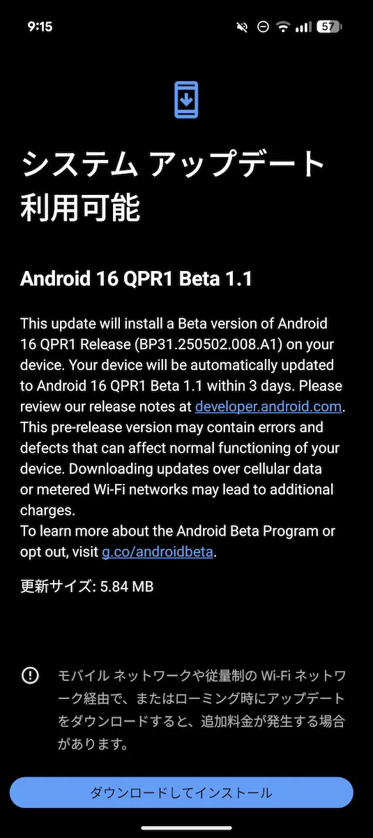 Google Pixel 9 Pro Fold に展開された Android 16 QPR1 Beta 1.1 の画面