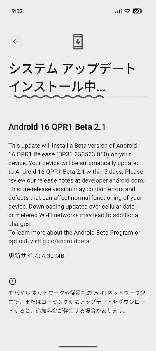 Google Pixel 9 Pro Fold の Android 16 QPR1 Beta 2.1 のアップデート中の画面のスクリーンショット