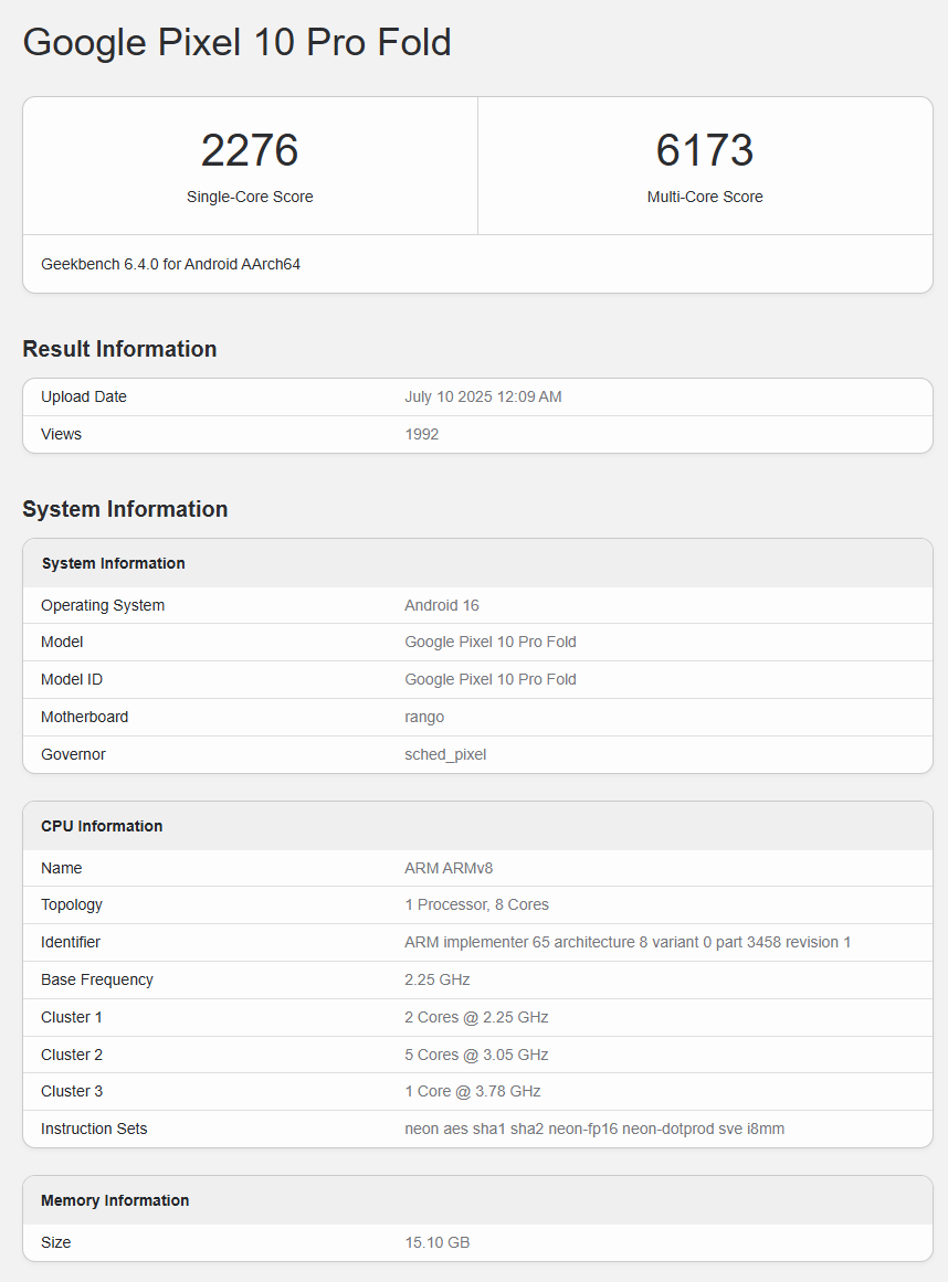 Geekbench に掲載された Google Pixel 10 Pro Fold のベンチマークのスクリーンショット