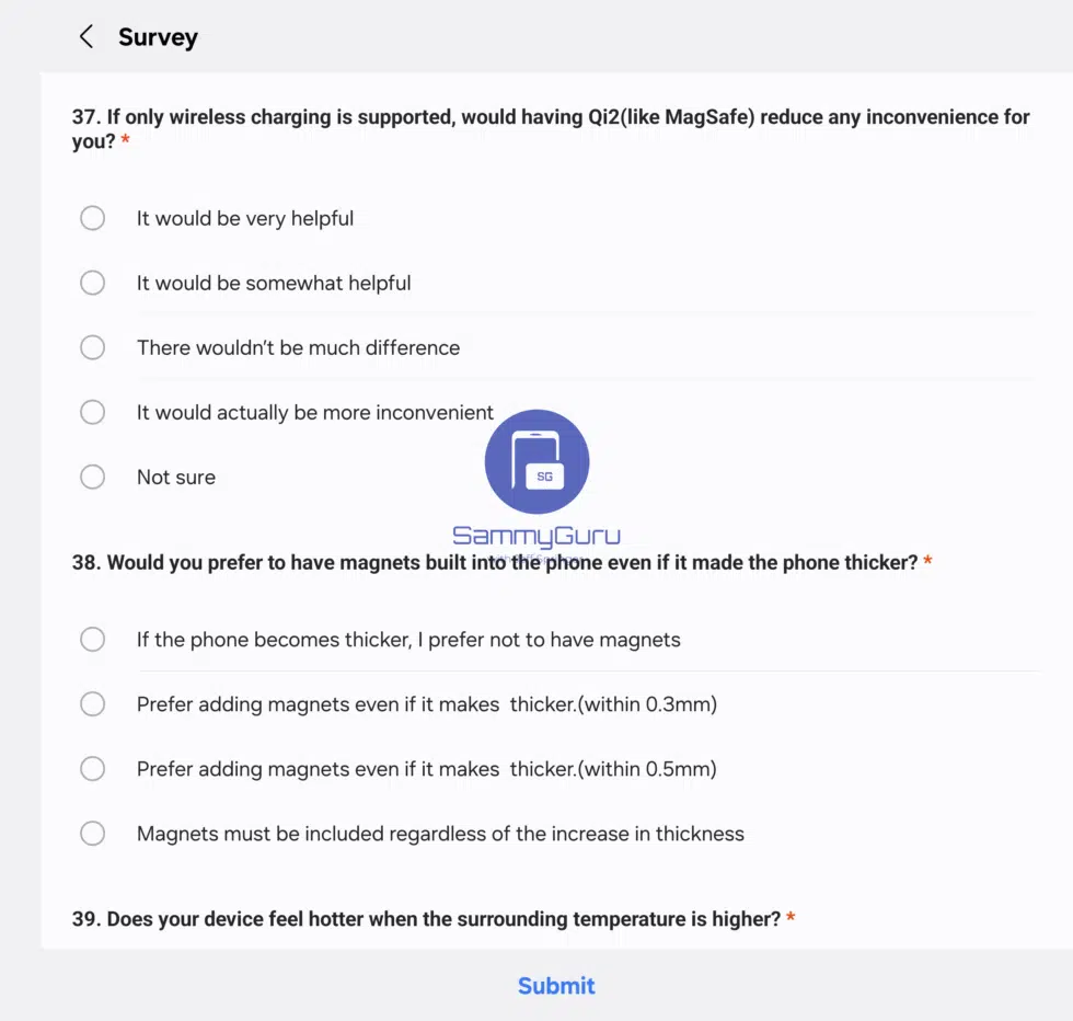 Samsung によるマグネット内蔵に関するアンケート調査の画面のスクリーンショット