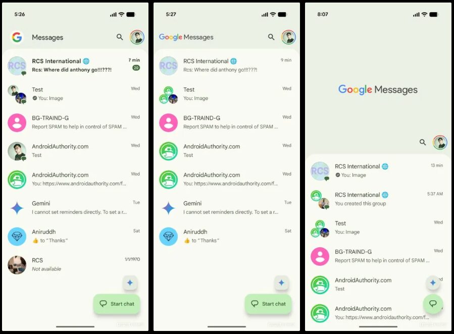 Google メッセージのヘッダーロゴの変更前後のスクリーンショット