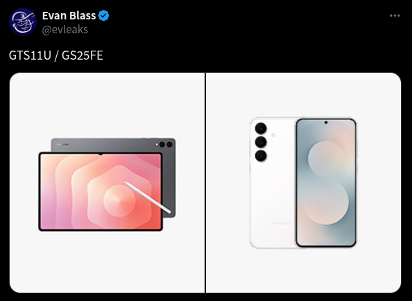 Evan Blass 氏が X で投稿した「Galaxy Tab S11 Ultra」と「Galaxy S25 Fe」とされる 2 つのレンダリング画像のスクリーンショット