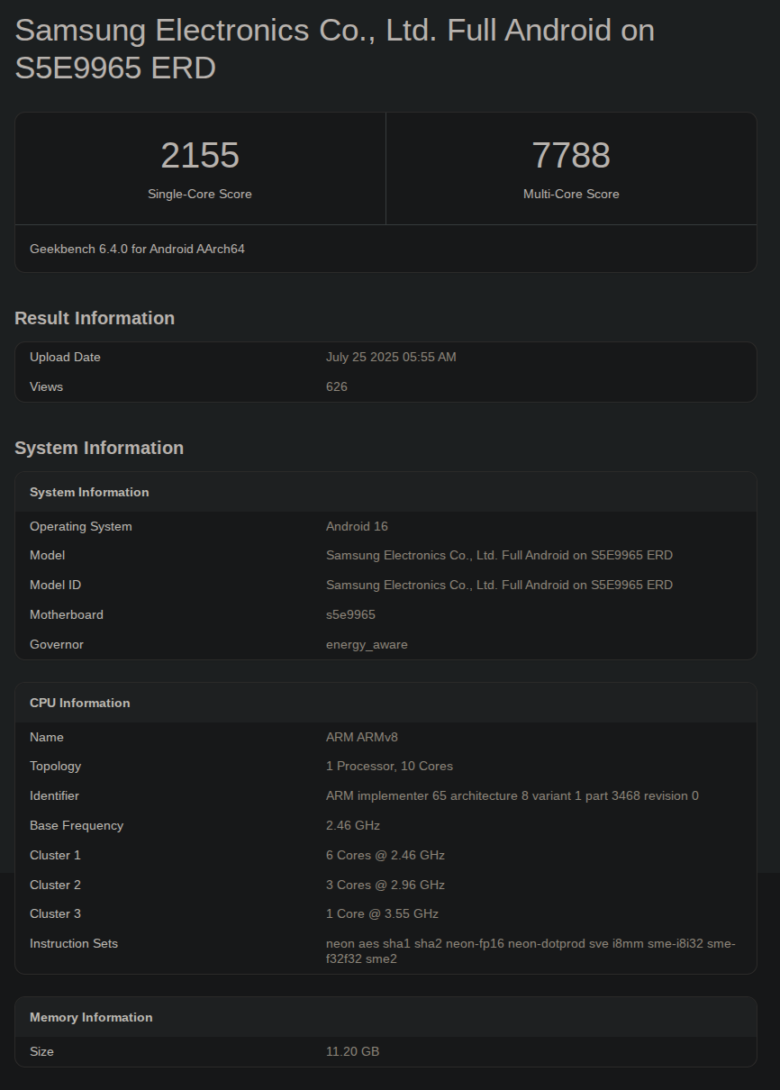 Geekbench に掲載された Exynos 2600 と思われるチップセットのベンチマークスコア