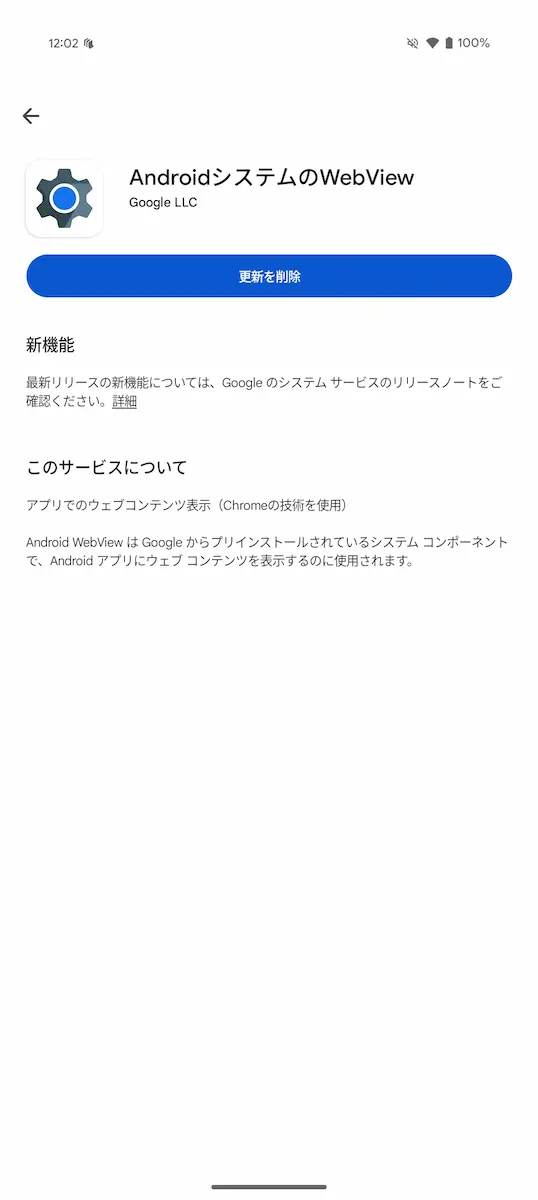 AndroidシステムのWebView アプリの新しいアプリ情報の画面