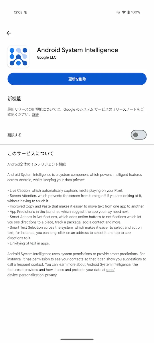 Android System Intelligence アプリの新しいアプリ情報の画面
