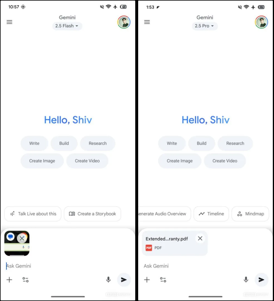 Gemini アプリで表示された「Timeline」と「Mindmap」のチップの画像