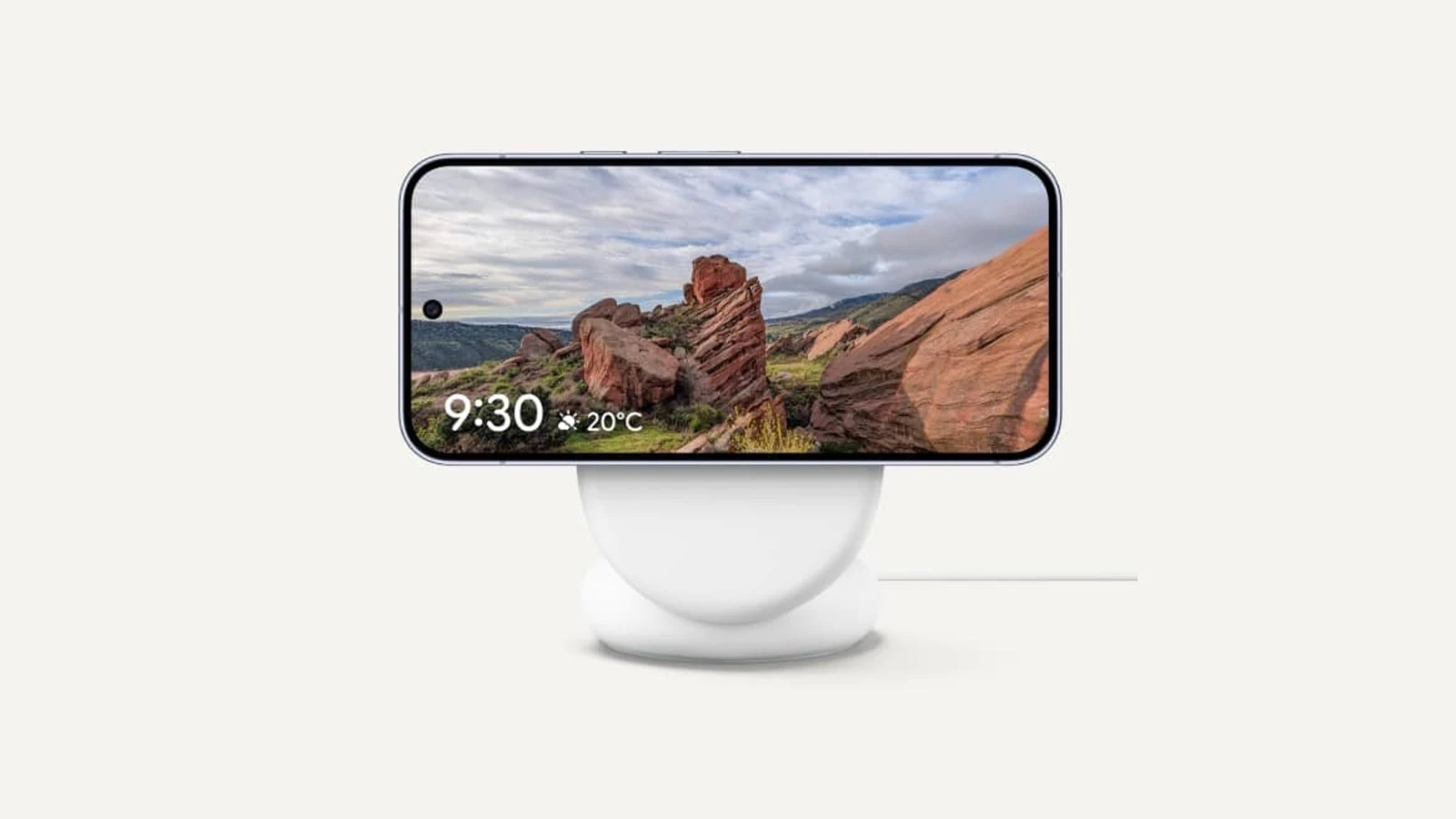 Google Pixelsnap 充電器 / スタンド付きに Pixel 10 Pro を装着して充電している画像