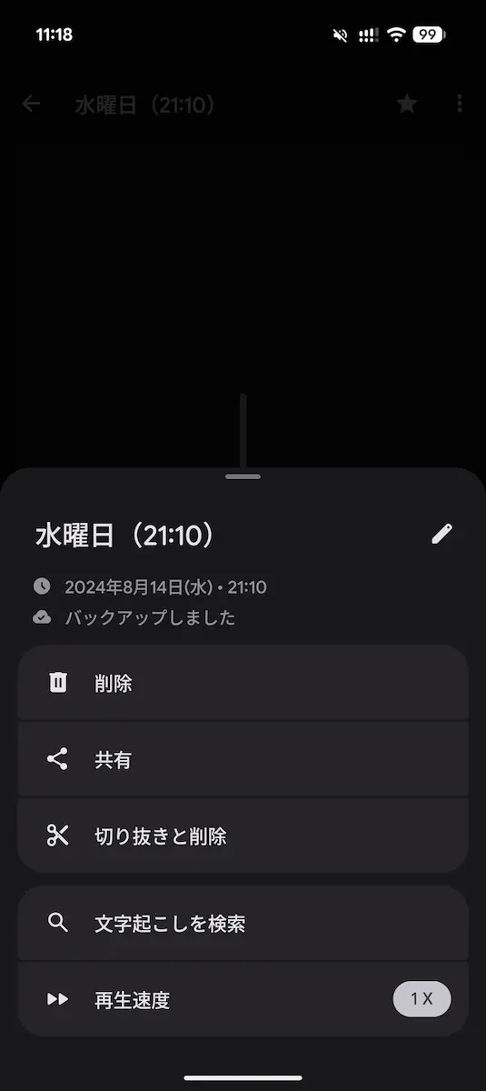 Material 3 Expressive に刷新された Google Pixel レコーダーアプリの再生画面の 3 点リーダーメニューのスクリーンショット