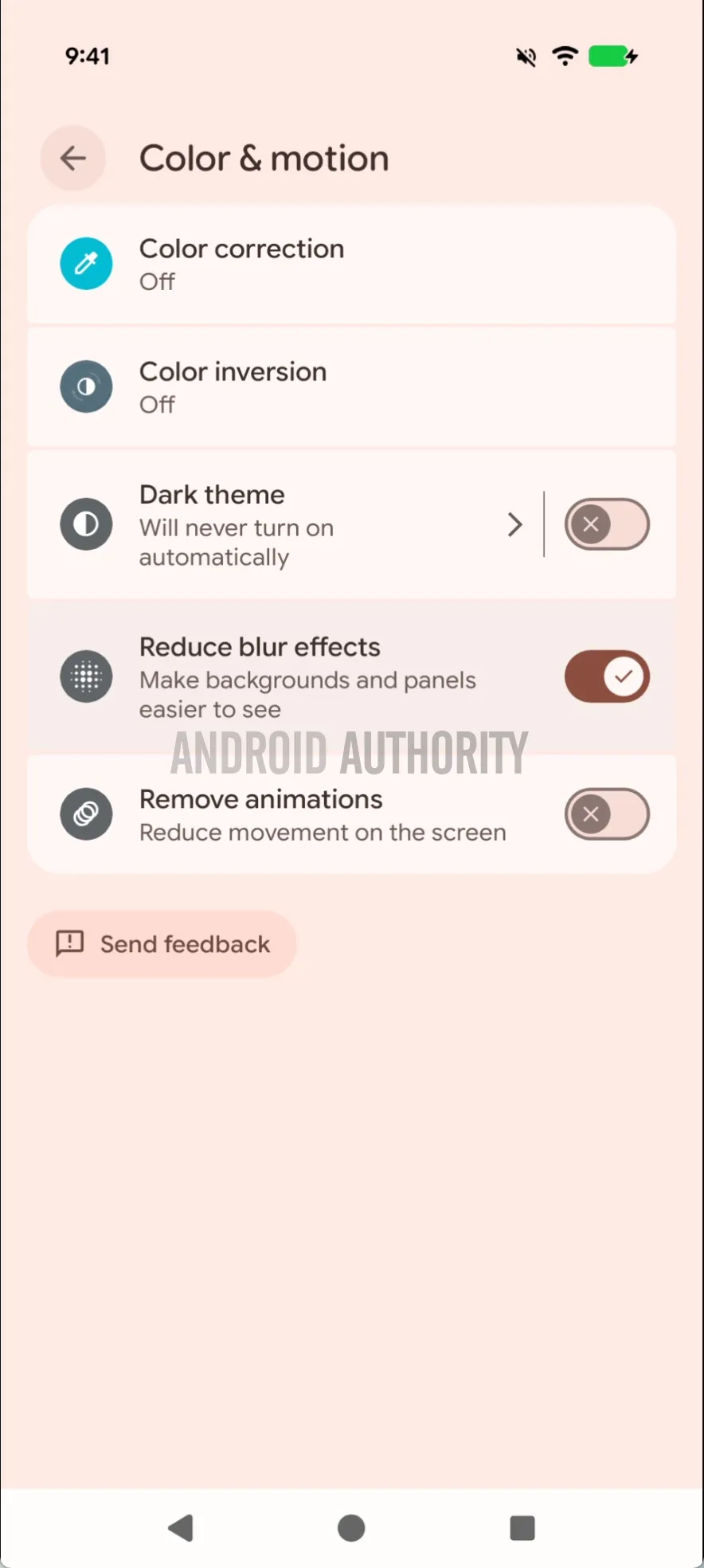 Android 16 QPR2 Beta 2 で確認されている「ぼかし効果の軽減」設定のスクリーンショット