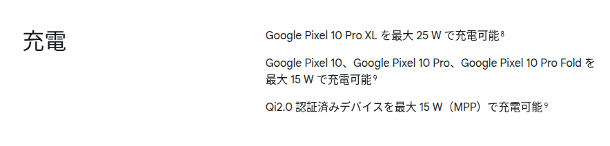 Google ストアの「Pixelsnap 充電器」の充電性能の表記部分のスクリーンショット
