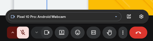 Google Pixel 10 Pro を Chromebook に接続して Google Meet でカメラソースとして設定しているところのスクリーンショット