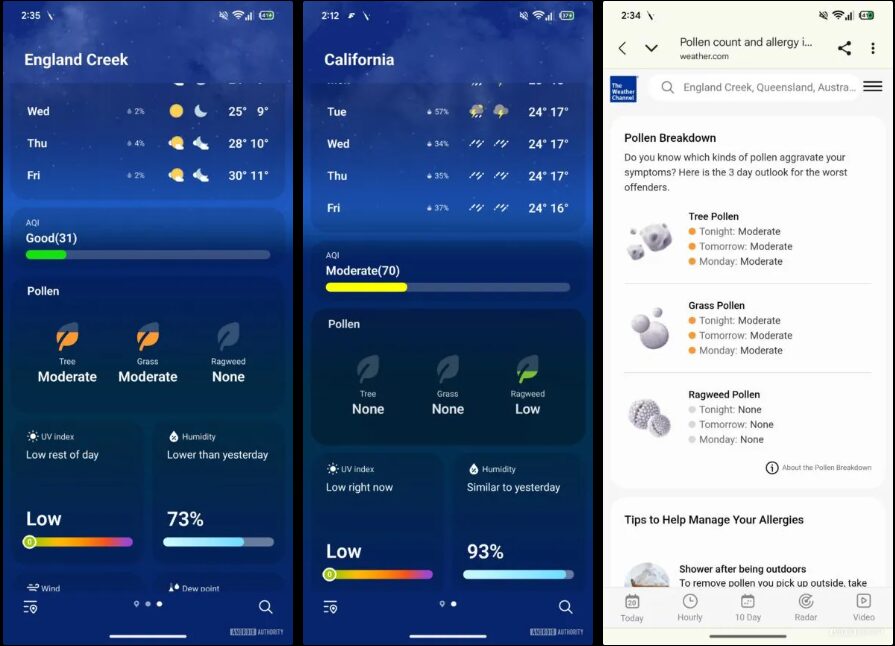 One UI 8.5 の天気アプリに表示された花粉情報カードのスクリーンショット