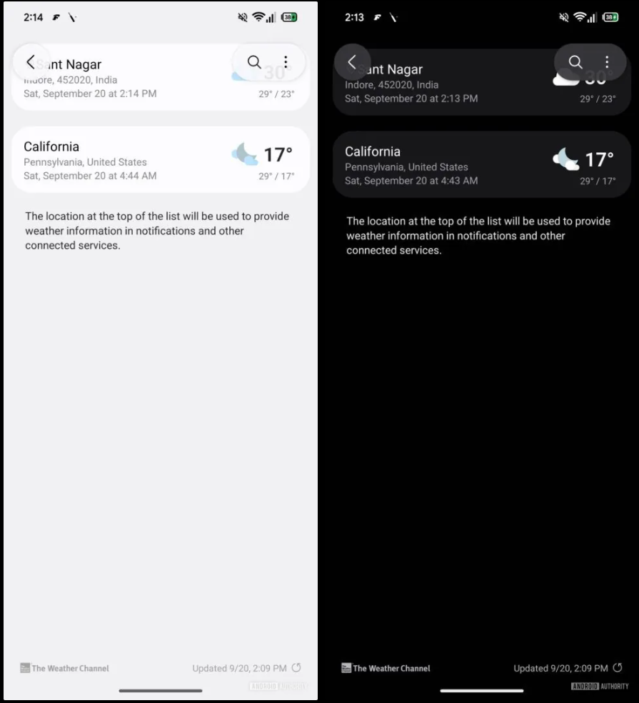 One UI 8.5 の天気アプリの新しい UI デザインのスクリーンショット