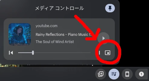 Chromebook のメディアコントロールからピクチャーインピクチャーを開始するボタンをハイライトしている画像
