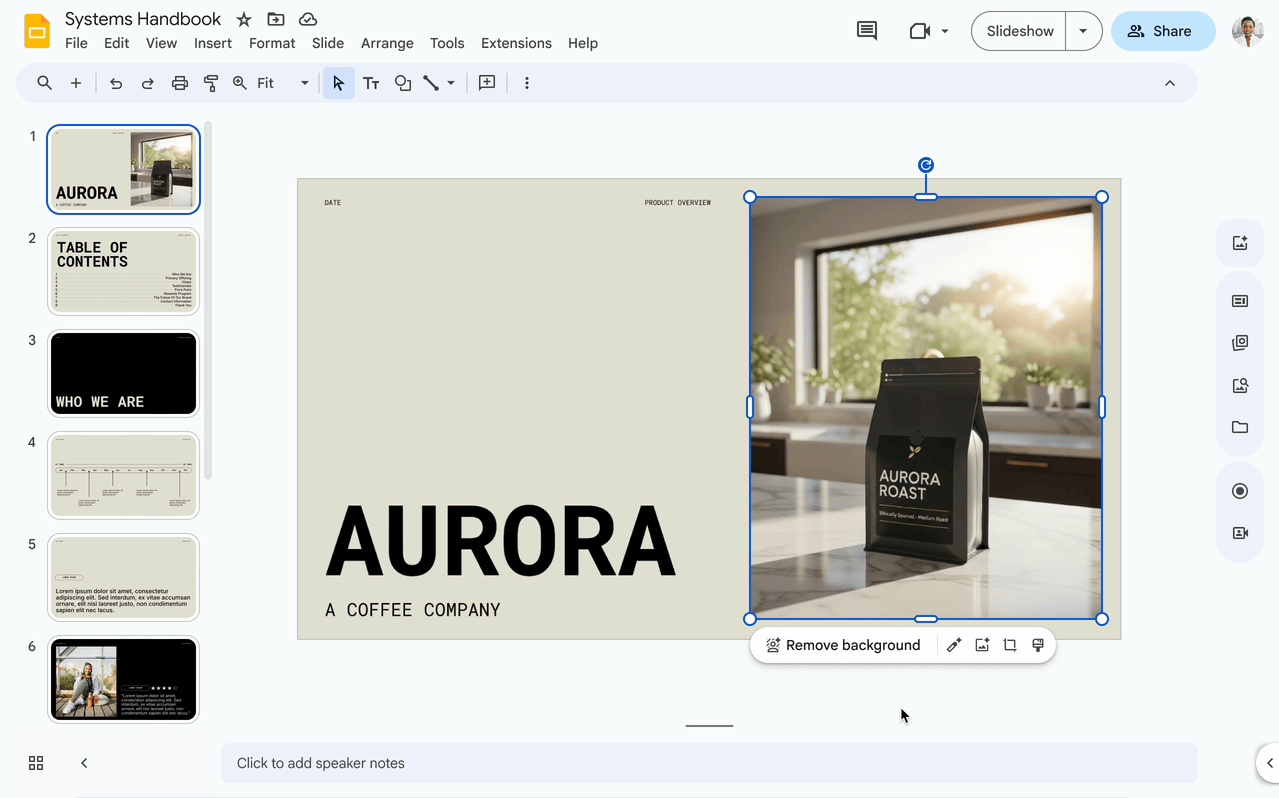 Google スライドのサイドパネル Gemini でプロンプトを使用して画像を編集しているところ