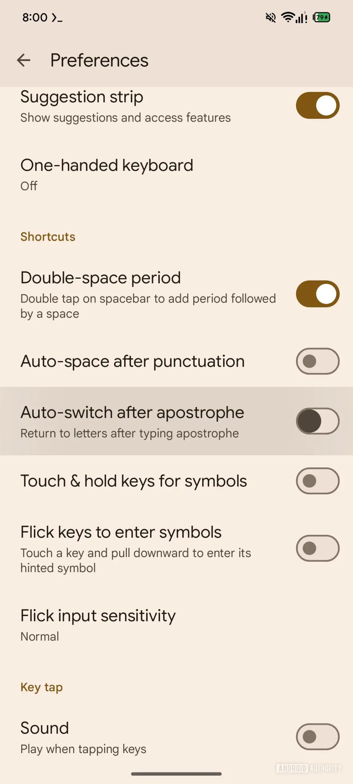 Gboard で Auto-switch after apostrophe を設定する画面のスクリーンショット