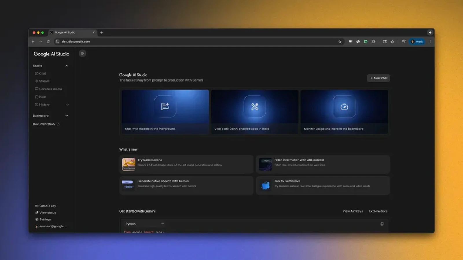 Google AI Studio の新しいウェルカムホームページのスクリーンショット