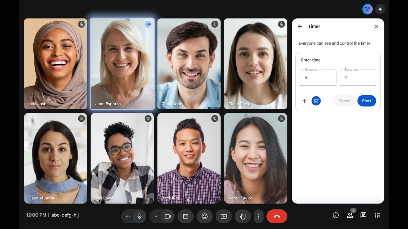 Google Meet の新しいタイマー機能を紹介するスクリーンショット