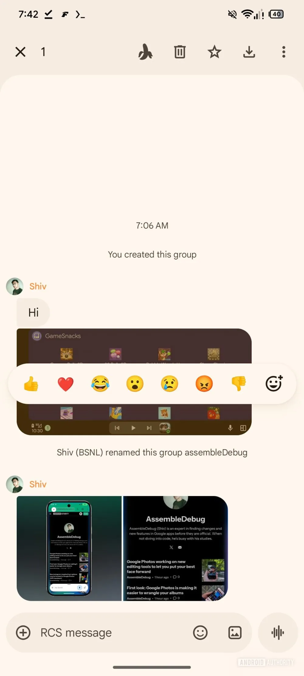 Google メッセージのチャット画面で画像を長押しした際に表示されるメニューバナナアイコンのスクリーンショット