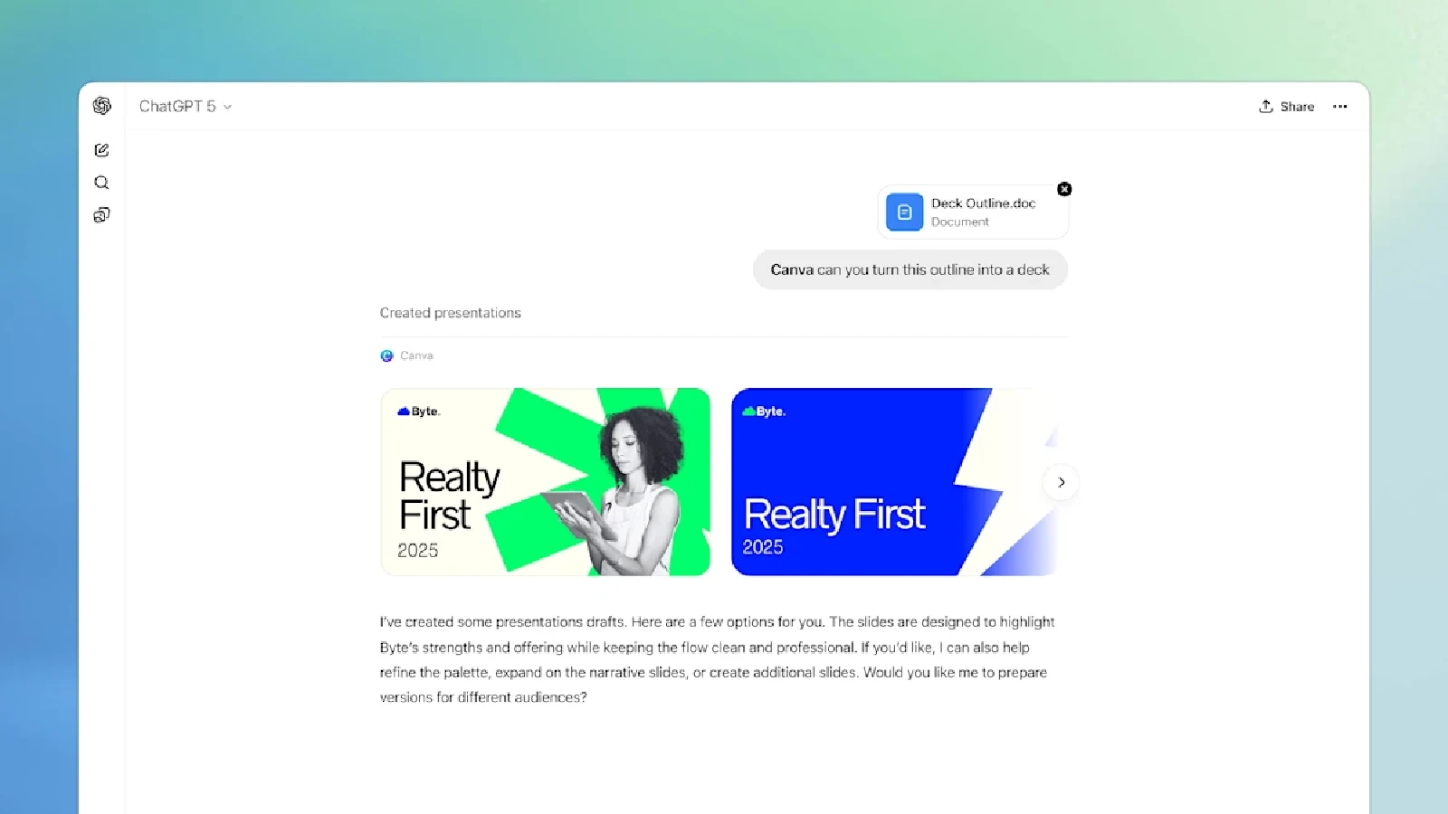 ChatGPT から Canva を呼び出しているところのスクリーンショット