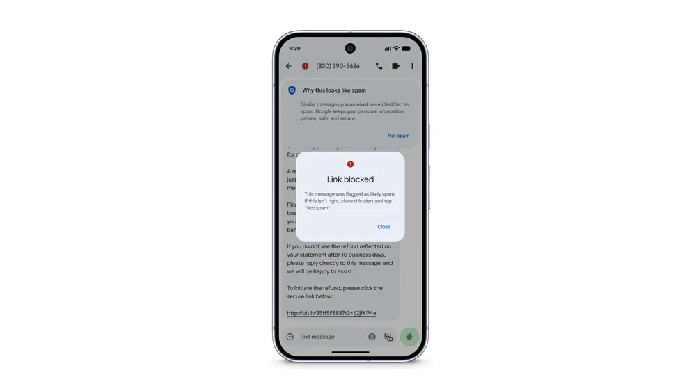 Google メッセージで不審なリンクを開こうとした際の警告画面
