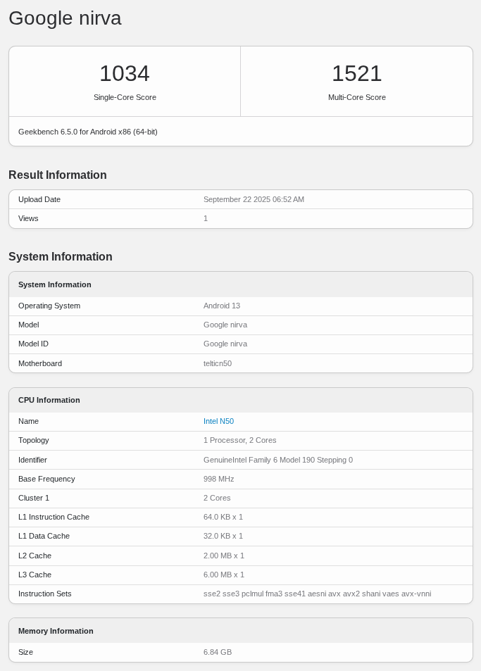 Intel N50 と 8GB RAM を搭載した ASUS Chromebook CX14 (CX1405CTA) の Geekbench のベンチマークスコア