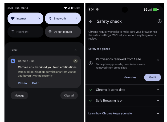 Google Chrome がウェブサイトからの通知の許可を自動的削除したところのスクリーンショット