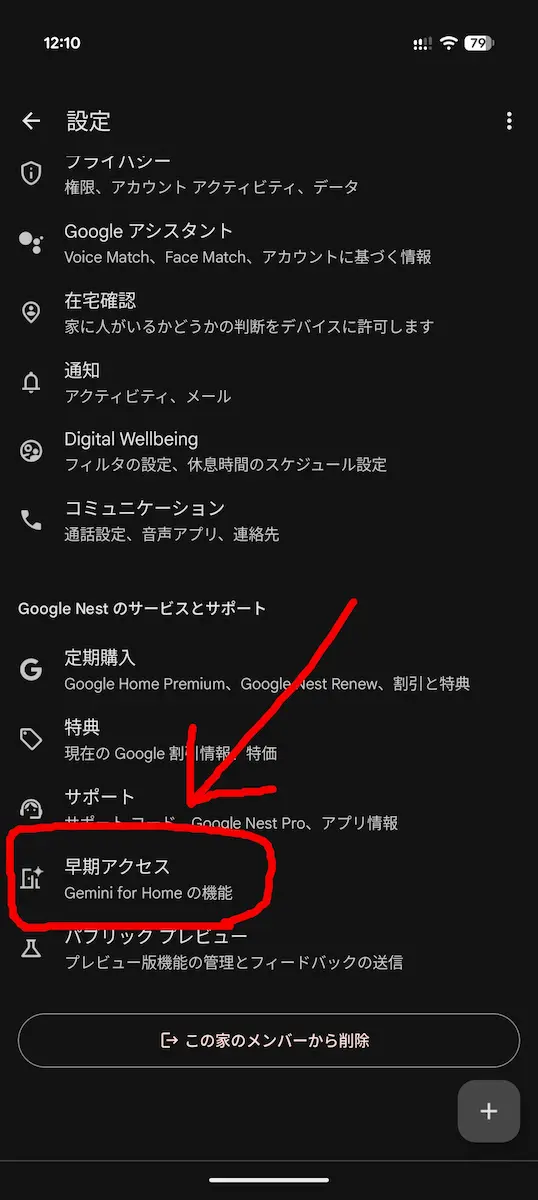 Google Home 設定画面の最下部に「Gemini for Home の機能(早期アクセス)」が追加されたことを示すスクリーンショット