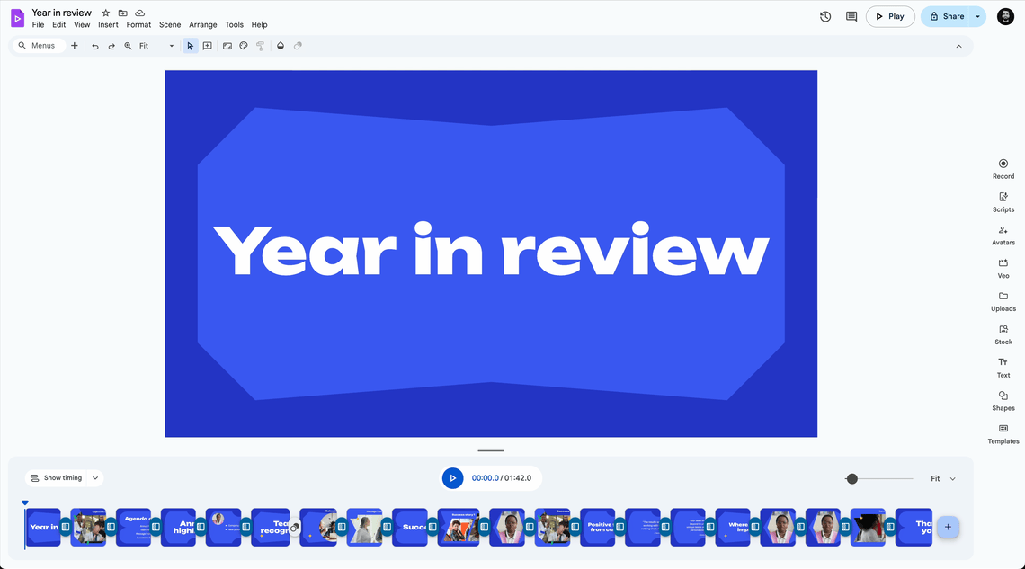 Google Vids のメニューバーで「Video Size」を選択し、フォーマット一覧が表示されている様子の GIF アニメーション