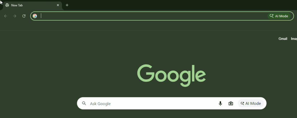 Chrome の新規タブページで表示されるコンパクトな検索ボックス。従来と似たデザインだが「Google に質問する」が表示