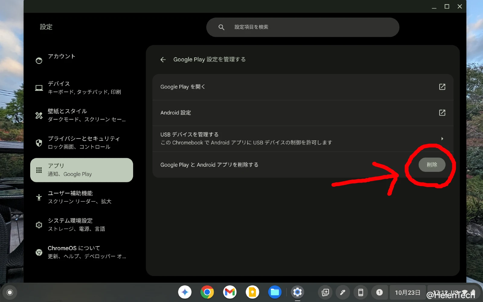 Chromebook の設定アプリで「アプリ」にある「Google Play ストア設定を管理する」項目を開き、「削除」ボタンをハイライトしている画像