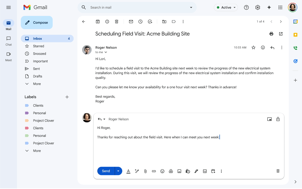 Help me schedule ボタンが Gmail のツールバーに表示されている様子