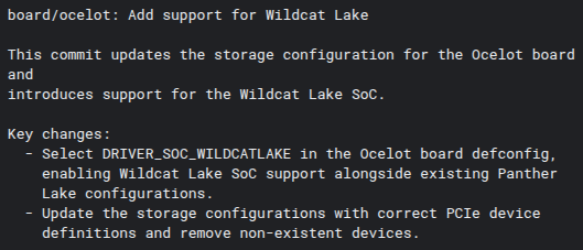 Chromebook で ocelot が Wlidcat Lake をサポートすることを示すコミットのスクリーンショット