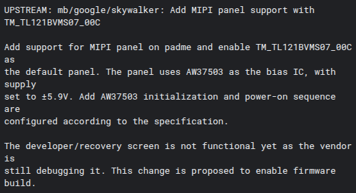 Chromebook 「Padme」に「Tianma TL121BVMS07_00C」ディスプレイパネルが搭載される可能性を示唆する Chromium Gerrit のコードのスクリーンショット