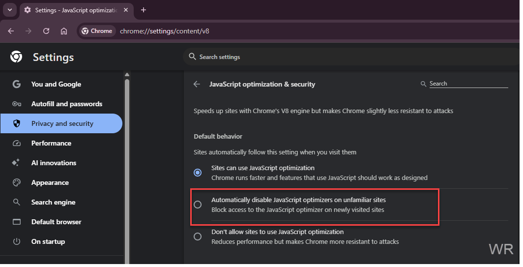 よく知らないサイト向けのChromeの新しいセキュリティ設定のスクリーンショット