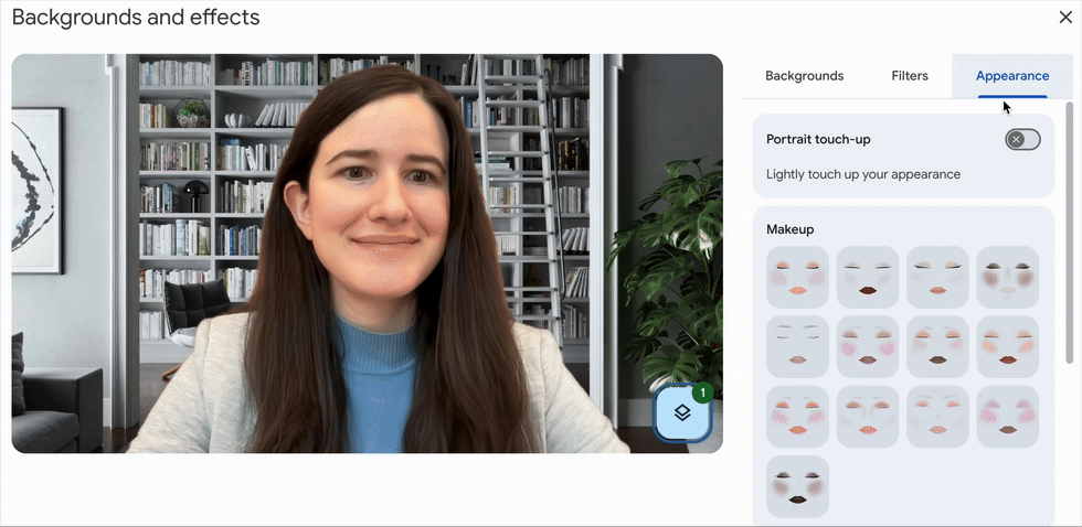 Google プロダクトマネージャーが Meet で AI メイクを使用している様子のアニメーション